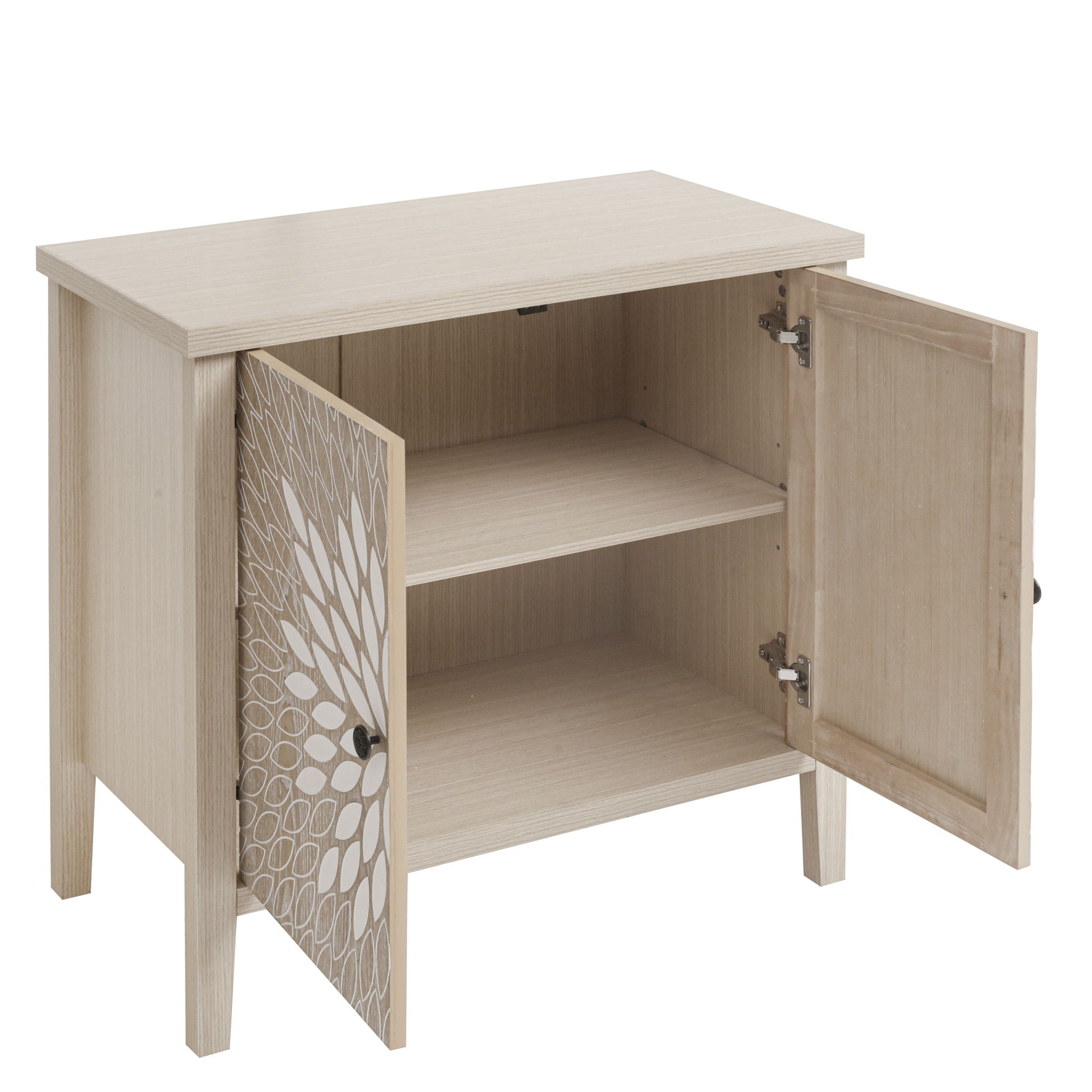 2 Door Carved Storage Cabinet With Adjustable Shelf, Accent Furniture