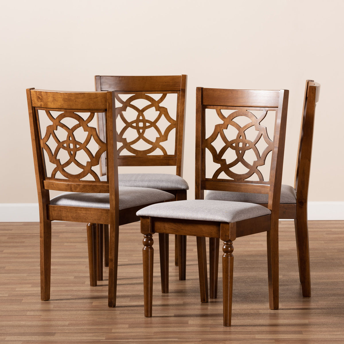 Lylah Modern and Contemporary Grey Fabric Upholstered and Walnut Brown Finished Wood 4-Piece Dining Chair Set