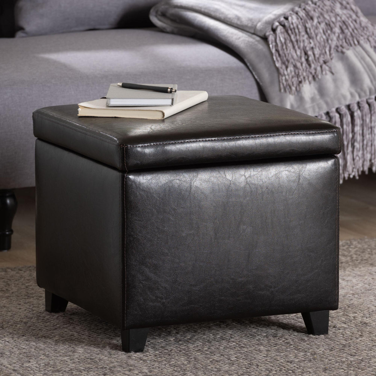Dark Brown Faux Leather Small Storage Cube Ottoman