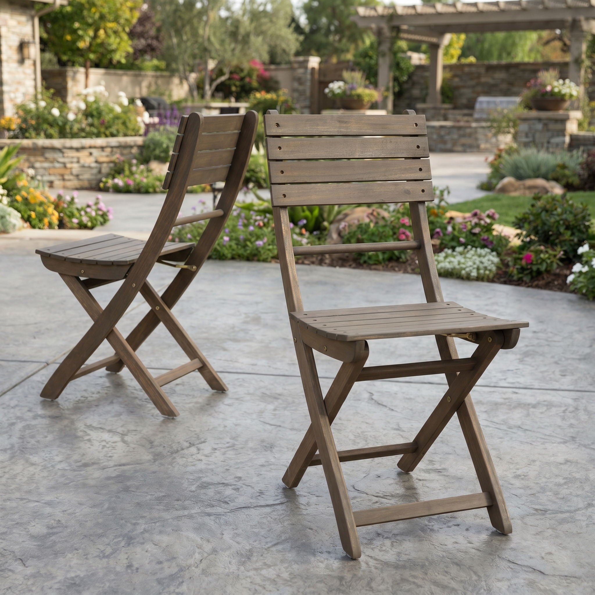 Outdoor Foldable Wood Dining Chair With Slat Design (Set of 2)
