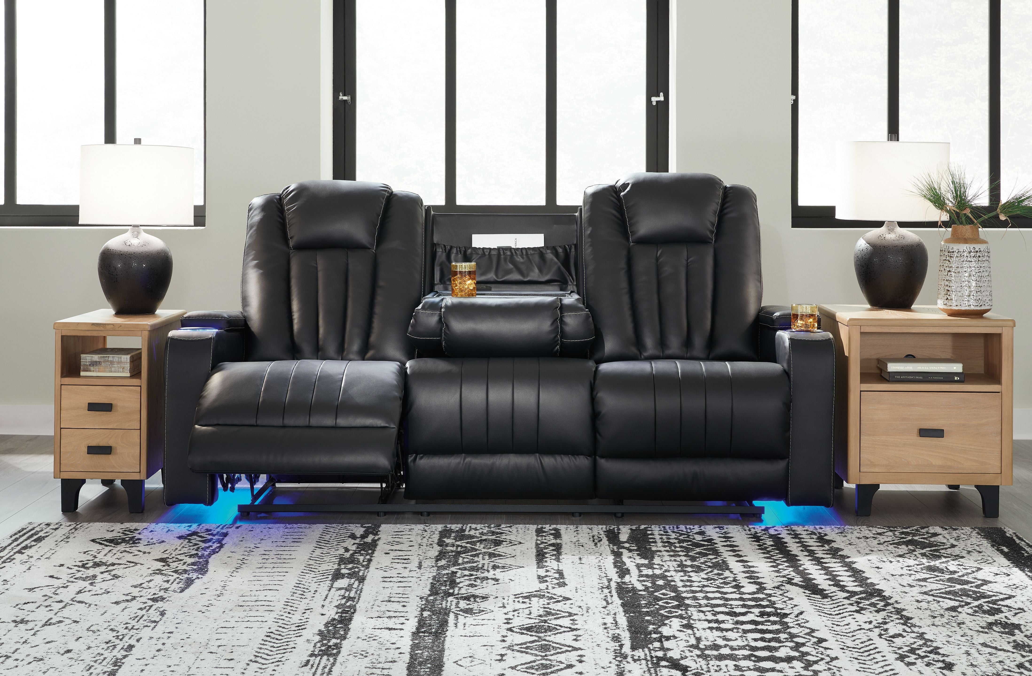 Signature Design by Ashley® Center Point - Black - Rec Sofa W/Drop Down Table | Meri Furniture