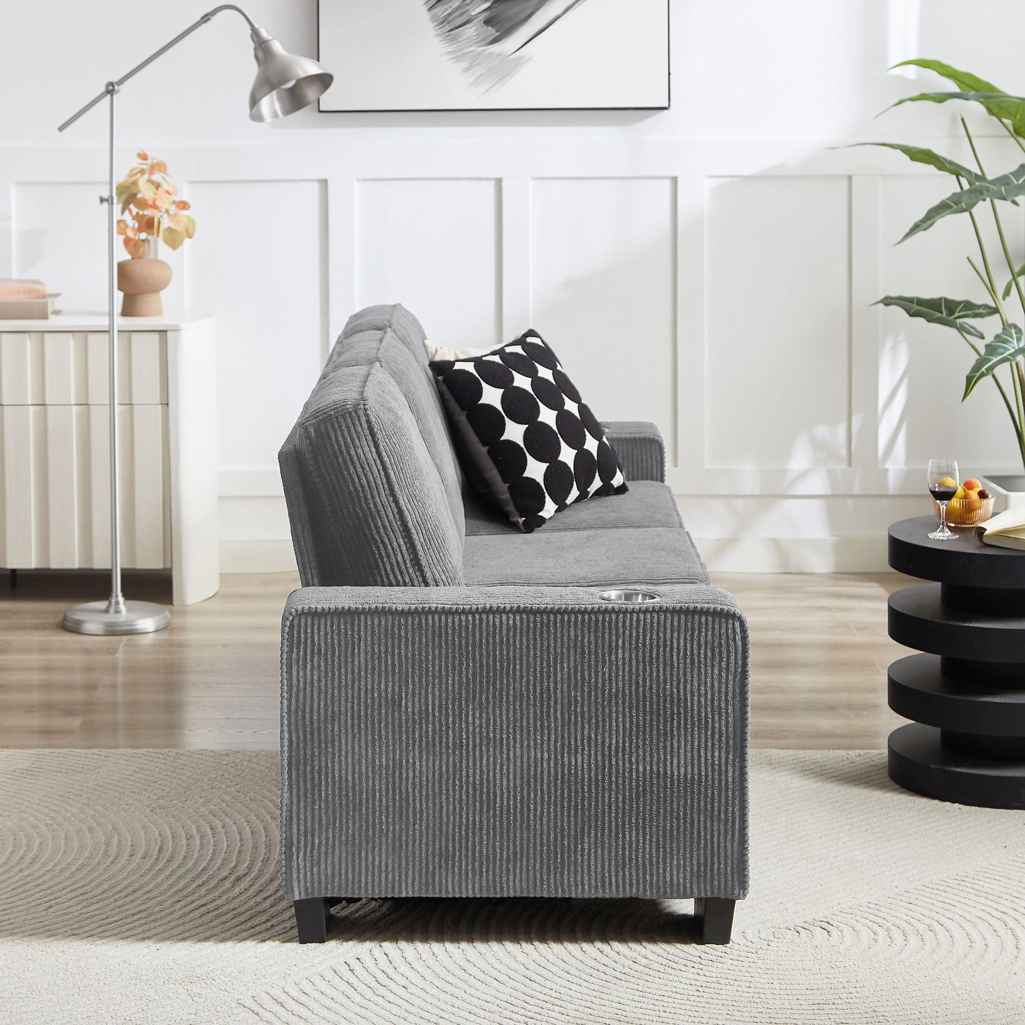 Modern Corduroy Fabric Sofa, 3 Seater Compressed Couch With Cup Holders