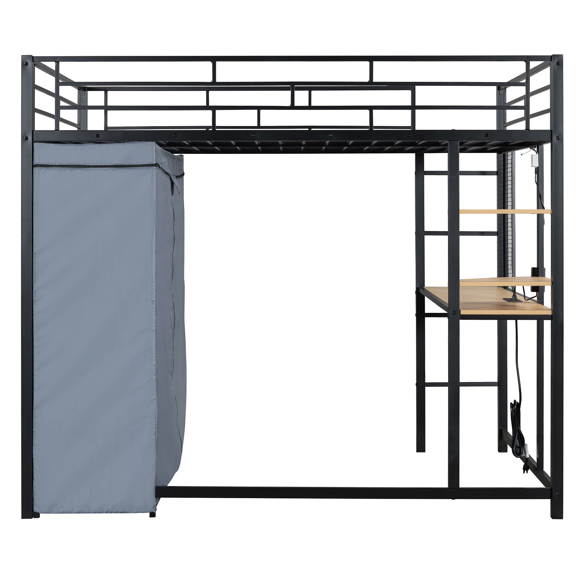 Loft Bed With Desk, Shelves, Power Outlet, LED Light And Wardrobe