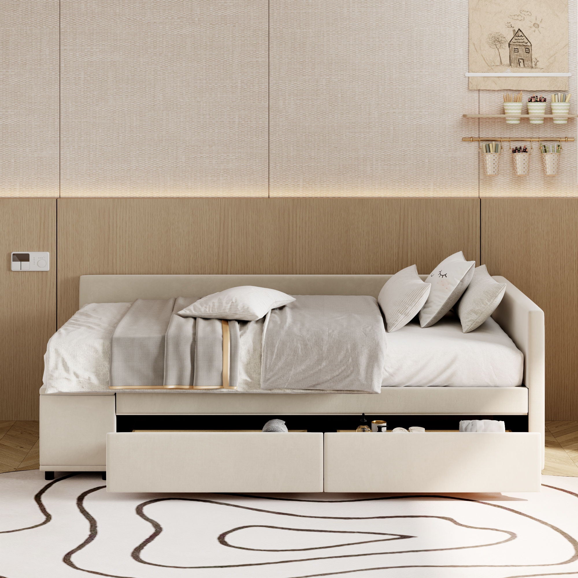 L Shaped Upholstered Platform Bed With Storage And Drawers