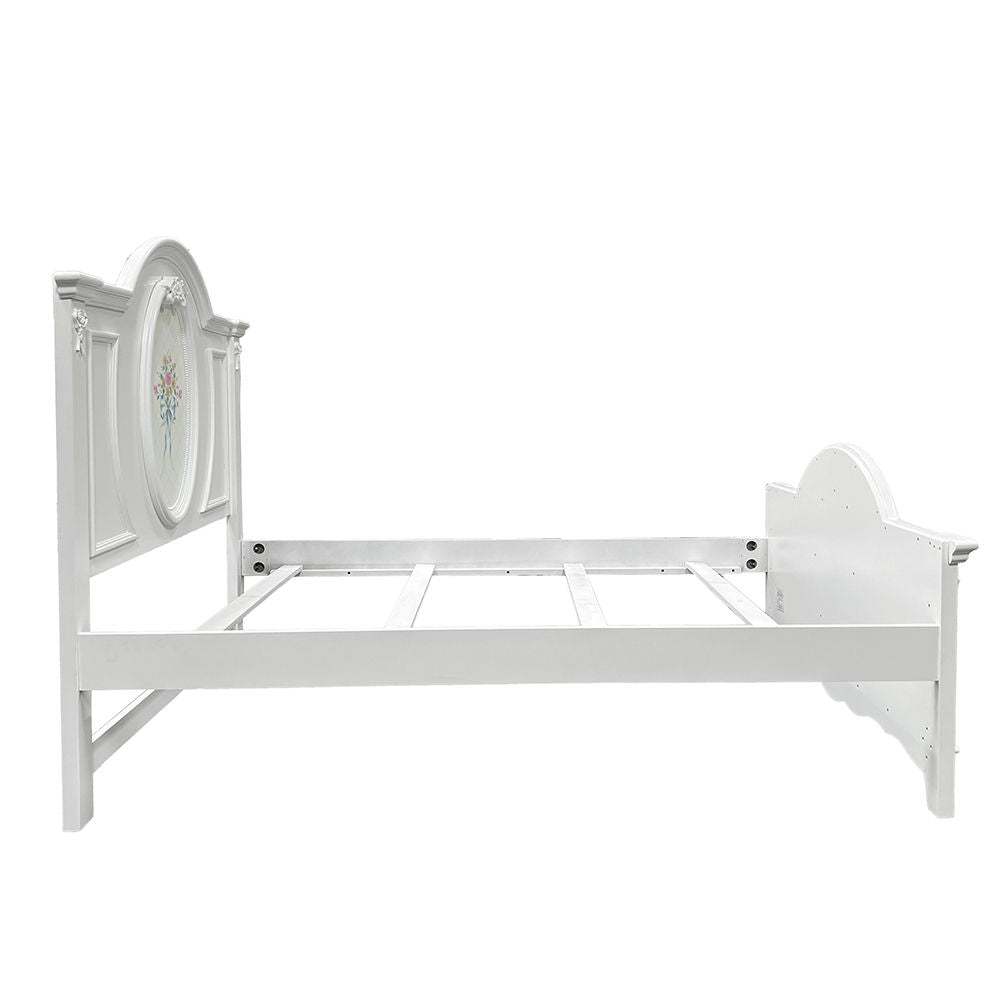 ACME Box Spring Required Panel Bed: Arched Headboard/Footboard Oval Rope Molding with floral motif decals Flora Collection: Poster Panel Beds Optional Trundle sold Separately | Meri Furniture