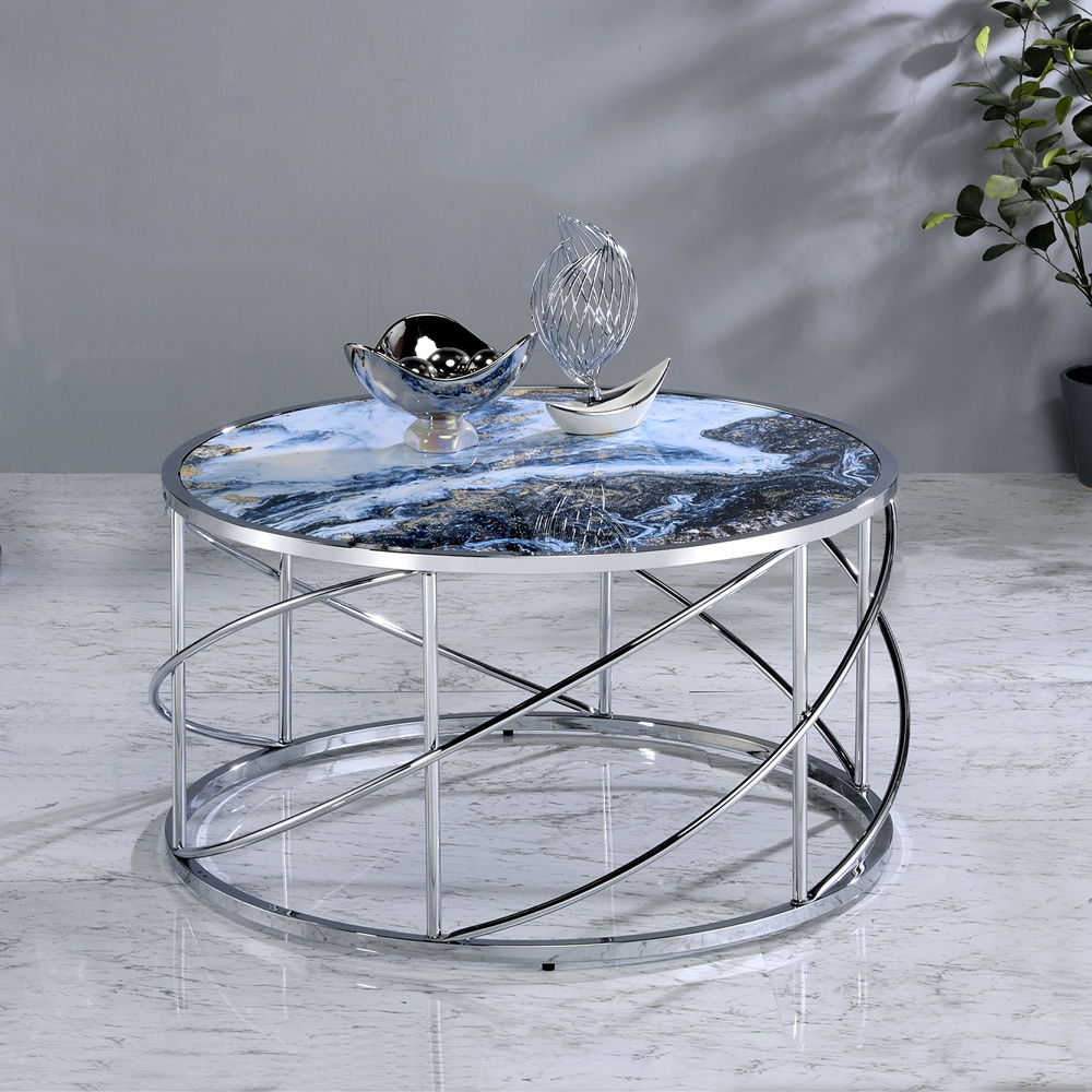 ACME Lyda - Coffee Table - Blue Marble Print & Chrome | Meri Furniture
