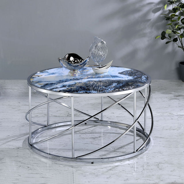 ACME Lyda - Coffee Table - Blue Marble Print & Chrome | Meri Furniture
