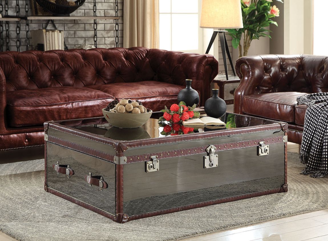 ACME Aberdeen - Coffee Table - Vintage Dark Brown Top Grain Leather & Stainless Steel | Meri Furniture