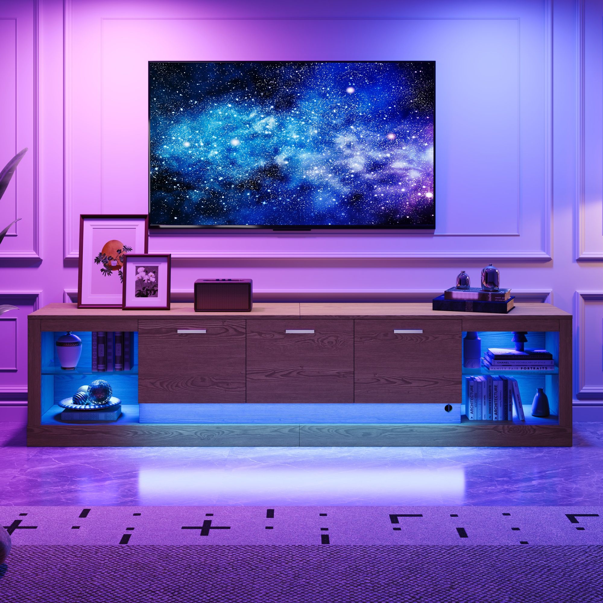 TV Stand With 6 Cabinets & 2 Open Compartments, Entertainment Center For TVs Up To 90'', Television Console - Natural Wood