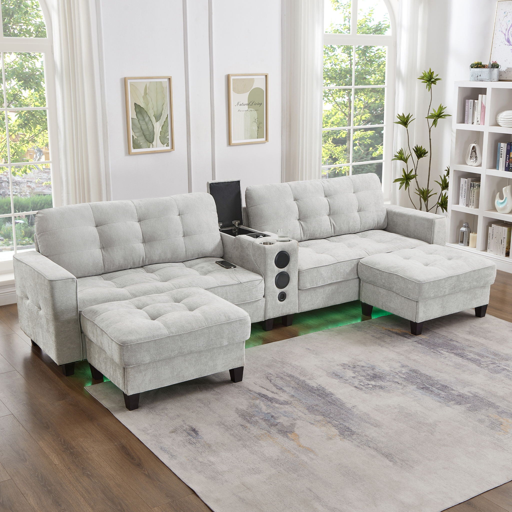 Modern Sectional Sofa U-Shaped With Movable Ottomans, tooth Speakers, LED Lights And Modular Storage