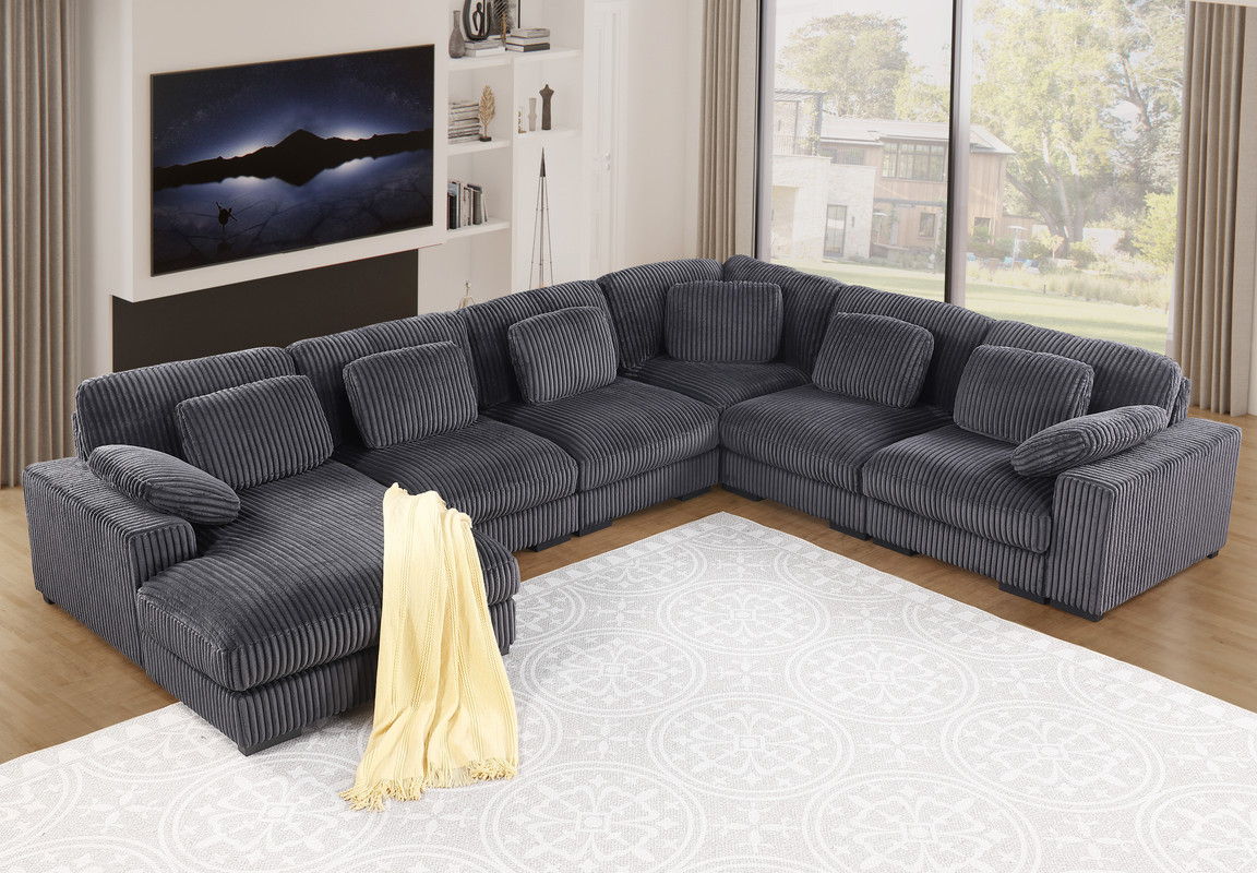 Nadine 155.5"W Dark Gray Corduroy Modular Corner Sectional Sofa with Left-Facing Chaise