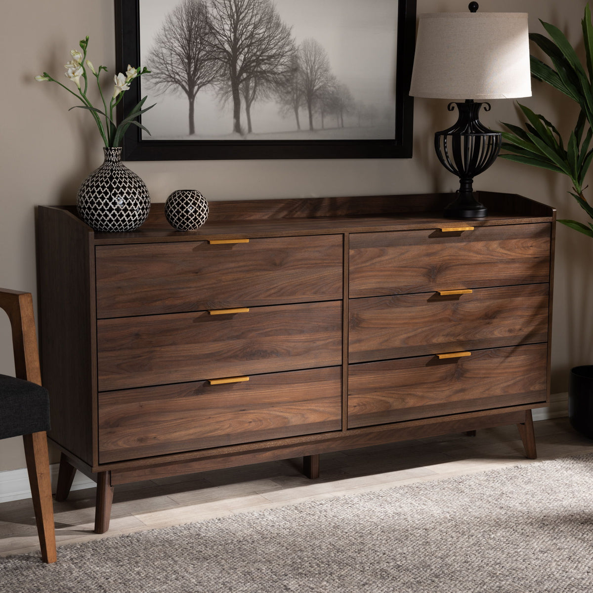 Lena Mid-Century Modern Walnut Brown Finished 6-Drawer Wood Dresser