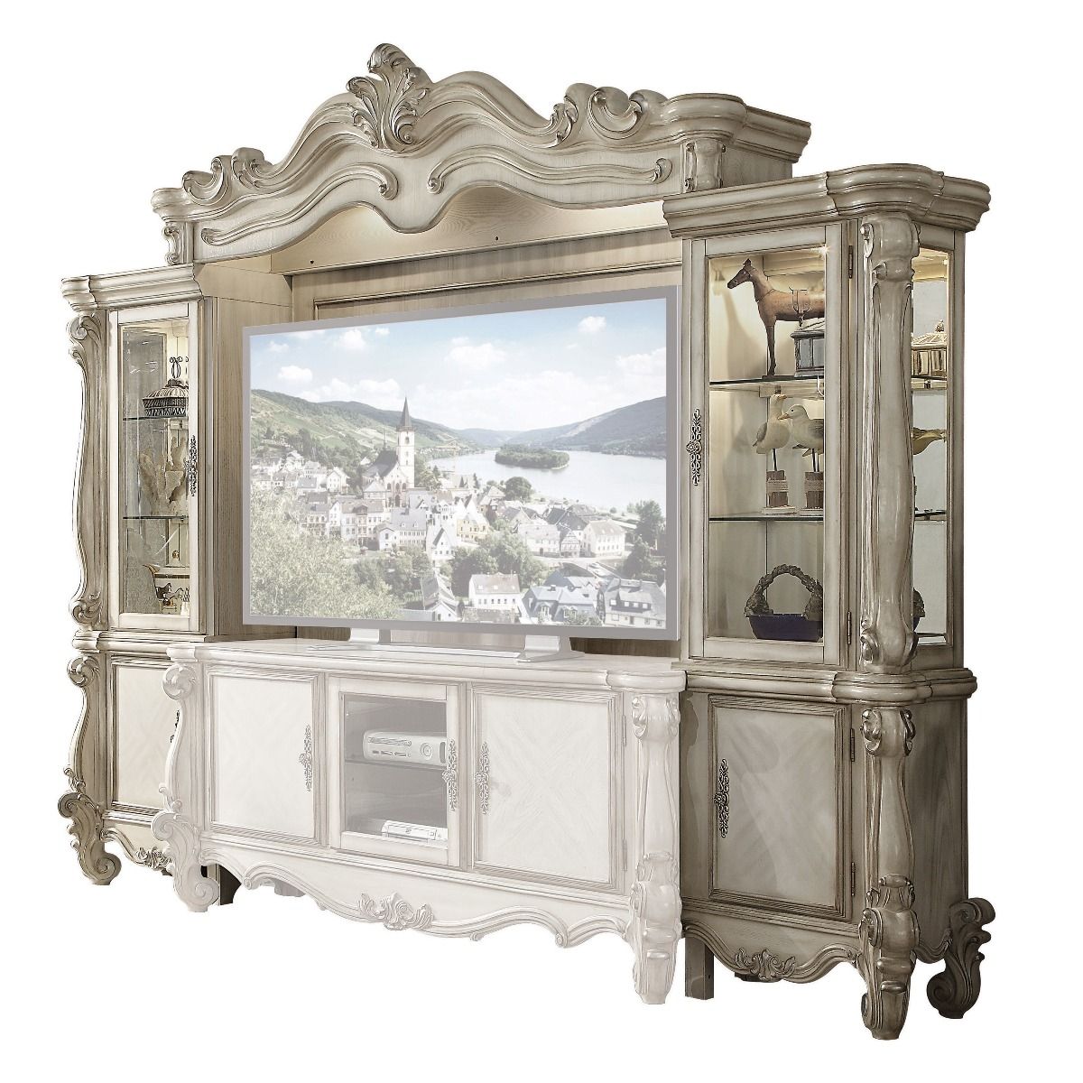 The Versailles the entertainment center was inspired by old European design. This collection features carved scrollwork accent on the bridge's crown.