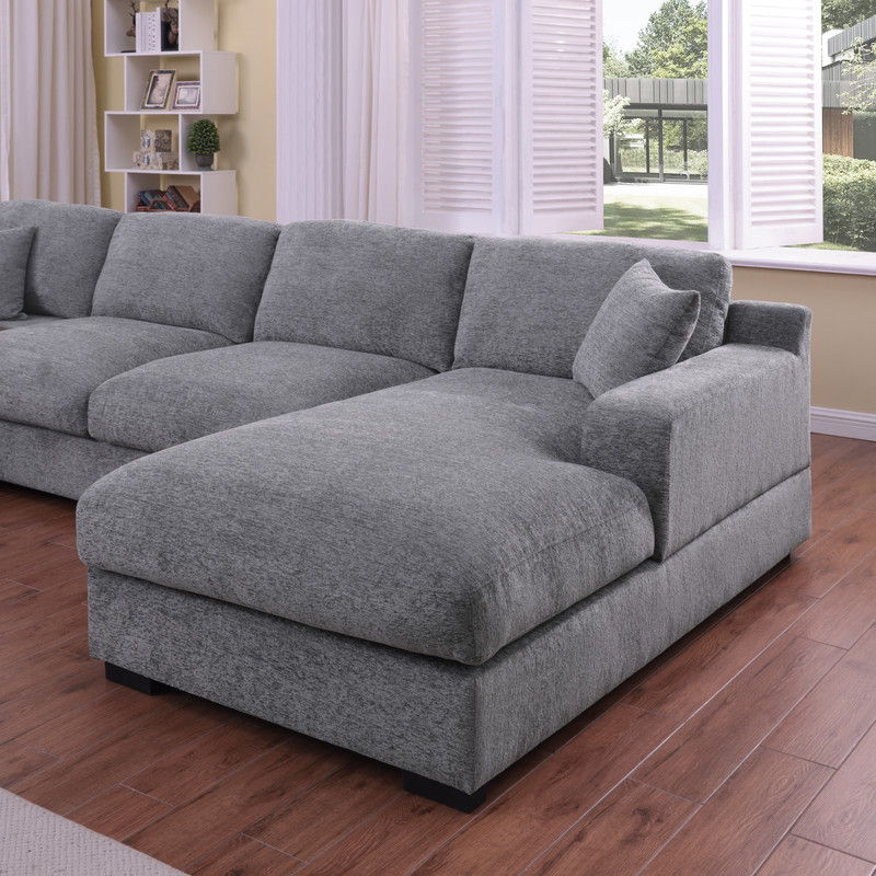 Celine 128"W Light Gray Chenille Fabric Corner Sectional Sofa with Right-Facing Chaise, Cupholders, and Charging Ports