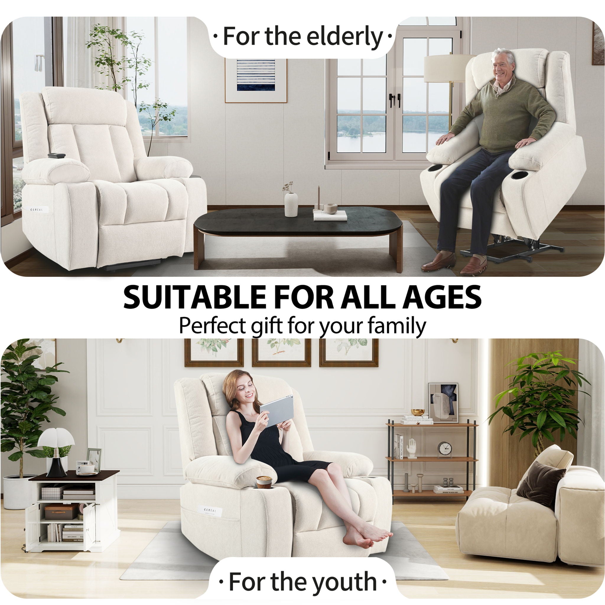 Power Lift Recliner Chair With Extended Footrest, Remote Control, Cup Holders, And Side Pockets