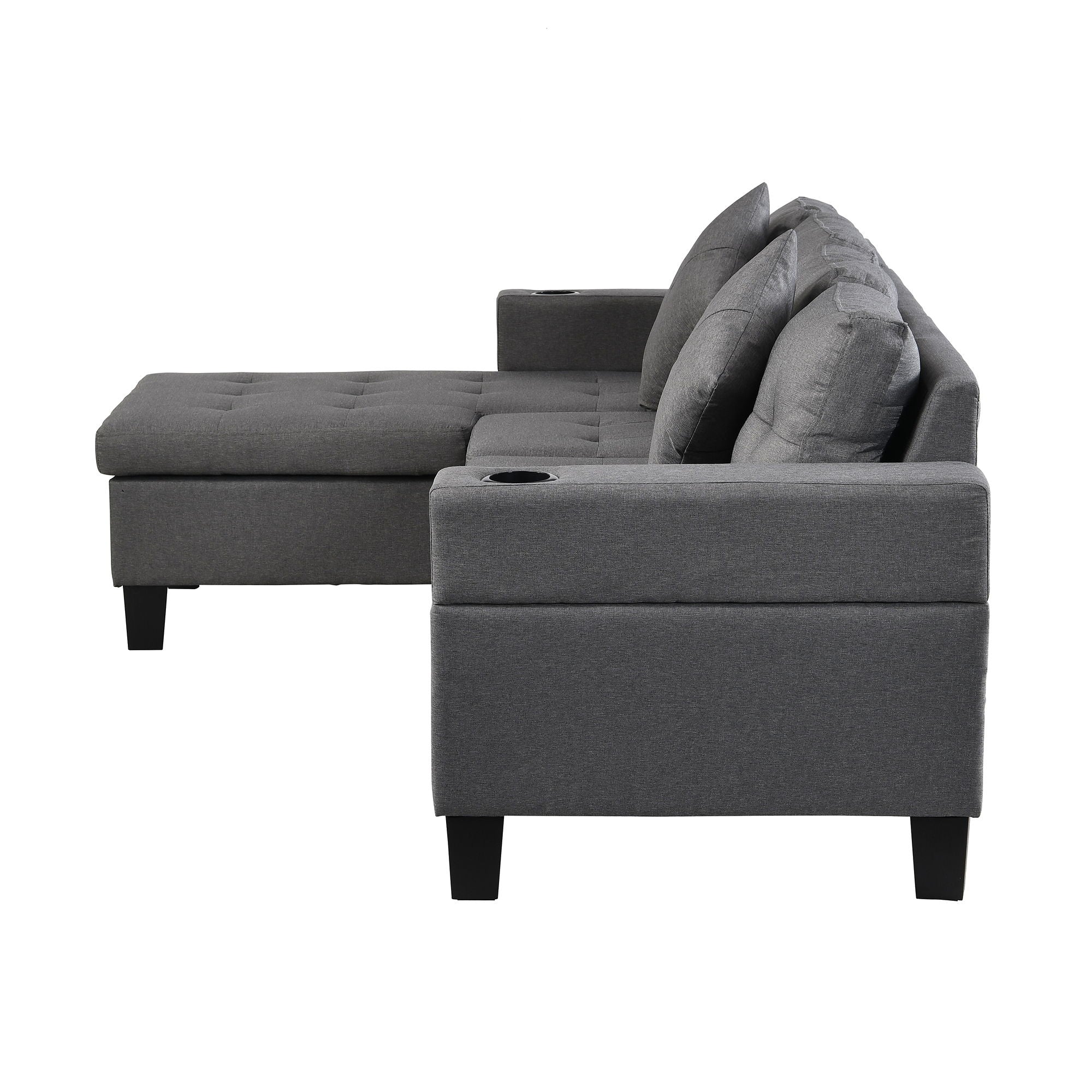 Modern Sectional Sofa Set With L Shape Chaise Lounge, Cup Holder, 4 Seat - Gray