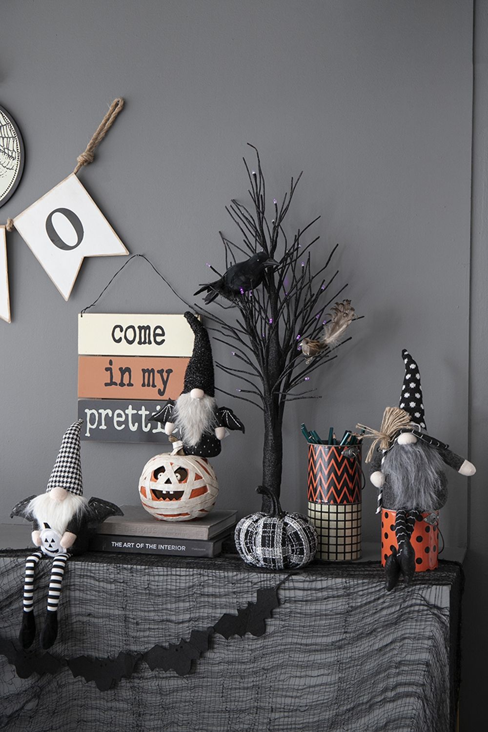 Sitting Gnome With Broomstick & Soft Legs, For Halloween Decor - Black White