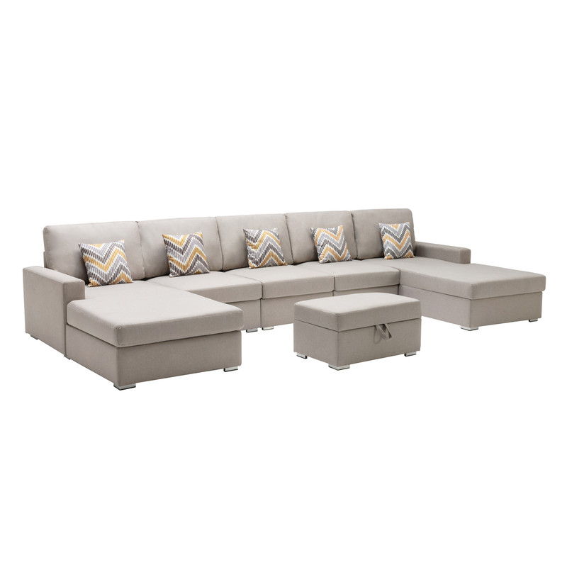 Nolan 152"W Beige Linen Fabric 6Pc Double Chaise Sectional Sofa with Interchangeable Legs, Storage Ottoman, and Pillows