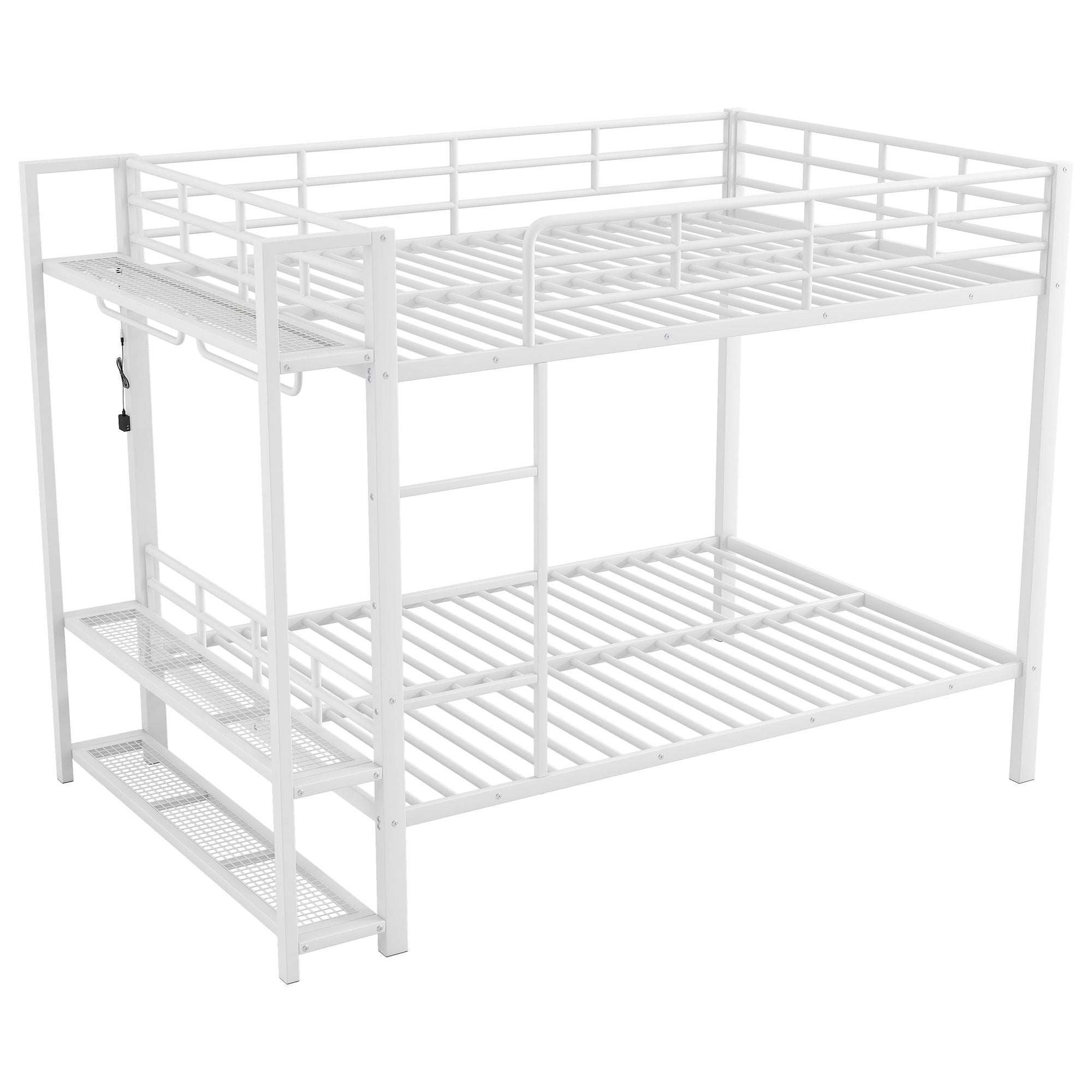 Bunk Bed With Storage Mesh Shelves, Clothes Hooks, LED Light
