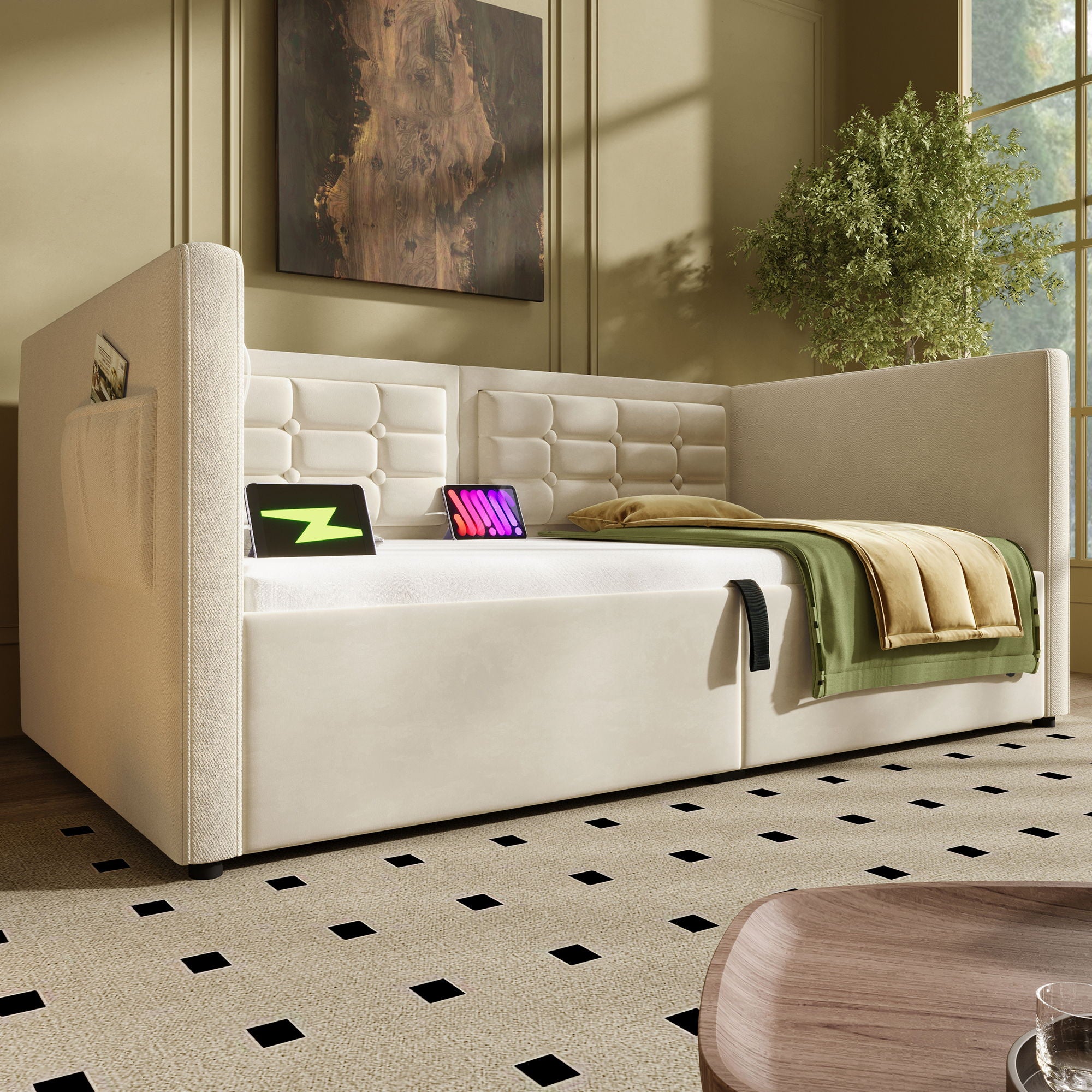 Upholstered Hydraulic Storage Daybed With USB & Type C Charging