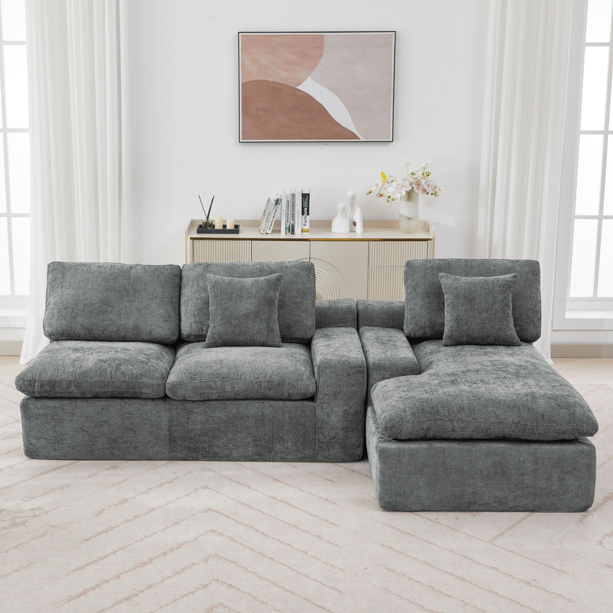 Cloud Sectional Sofa With Double Layer Cushion And Side Pockets, Free-Combined
