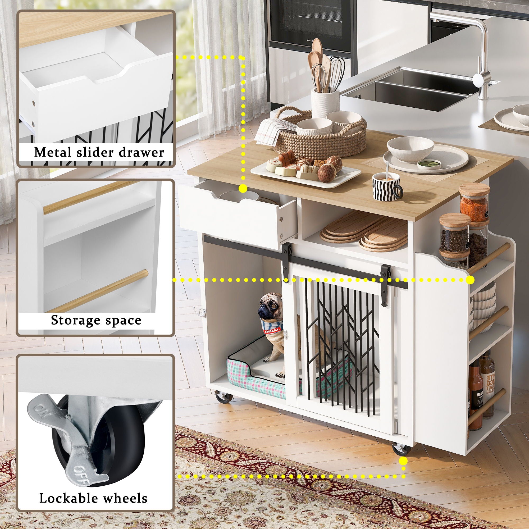 Modern Style 2 In 1 Pet Friendly Dog Crate Kitchen Island End Table Metal Pine - Natural / White