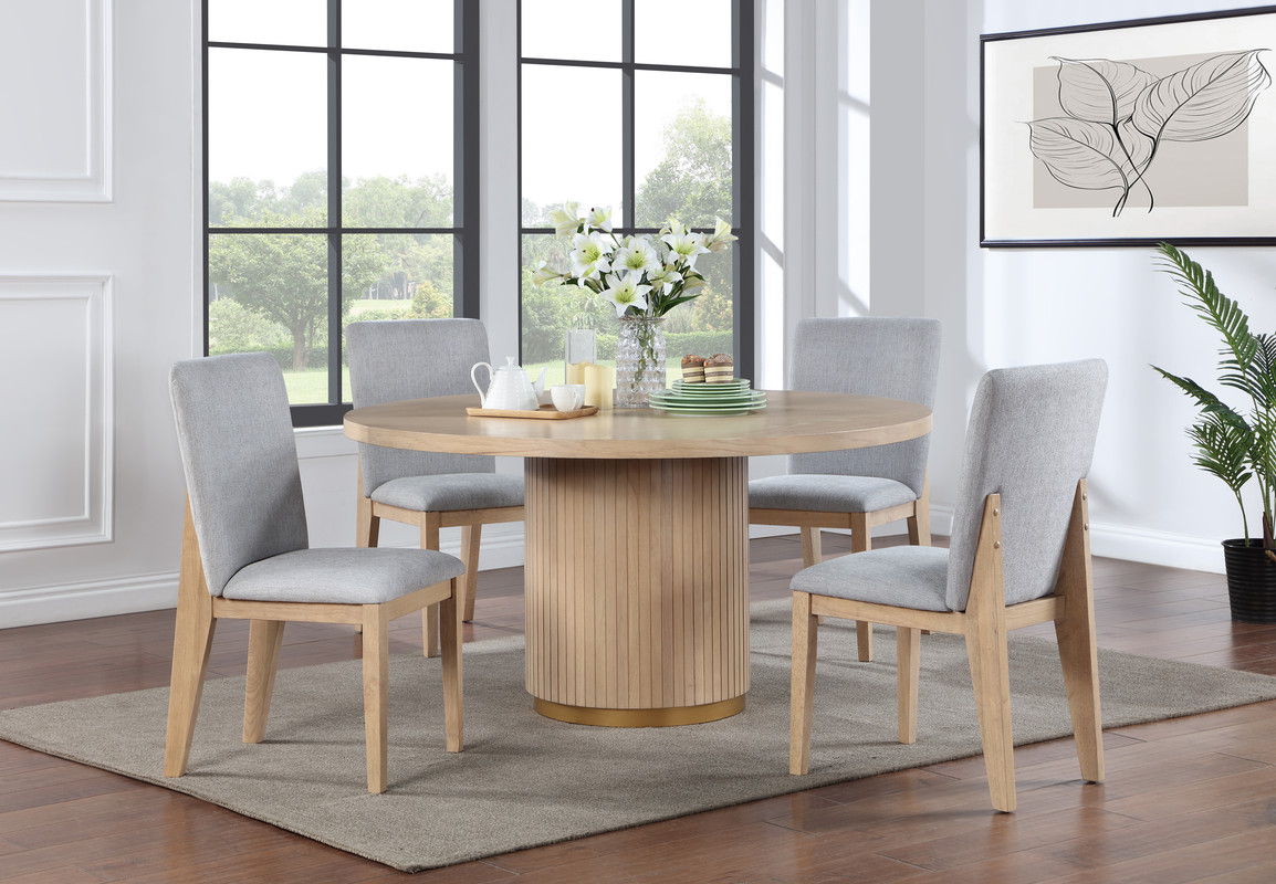 Caspian 5 Piece 59" Round Oak Finish Dining Table Set with Gray Chairs