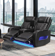 Jazz 74"W Black Leather Aire Transformer Power Reclining Loveseat with Power Headrest, Bluetooth Speakers, LED Lights, USB & USB-C Ports, Storage & Cupholders