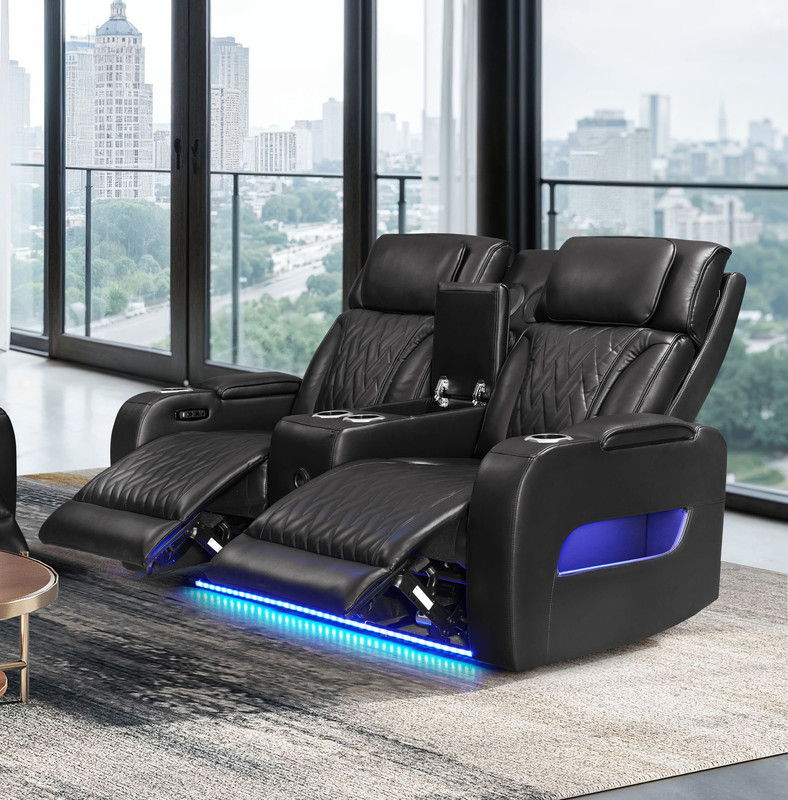 Jazz 74"W Black Leather Aire Transformer Power Reclining Loveseat with Power Headrest, Bluetooth Speakers, LED Lights, USB & USB-C Ports, Storage & Cupholders