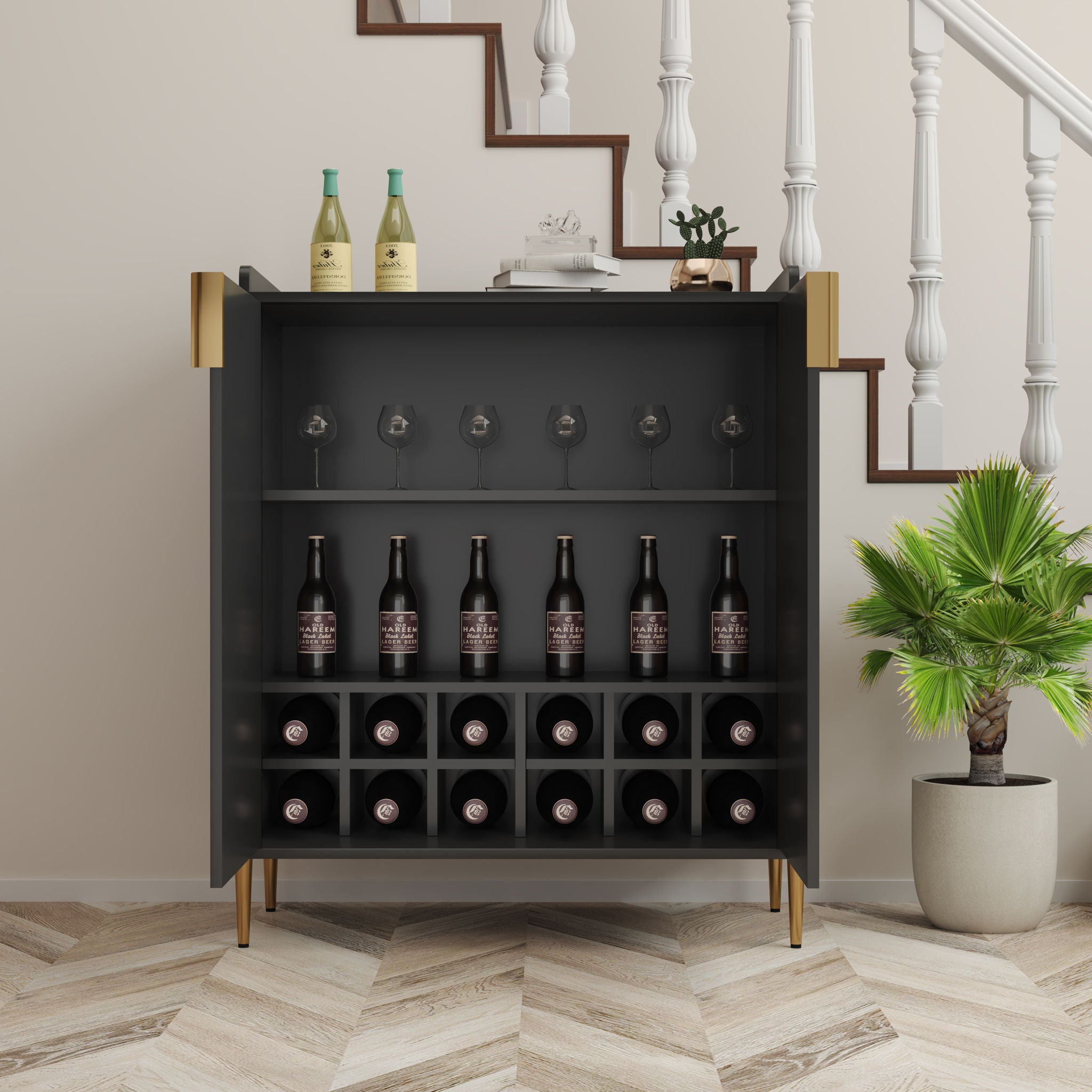Wine Bar Cabinet With Adjustable Shelf, 2 Door Sideboard With Soft-Closing Hinges And Feet