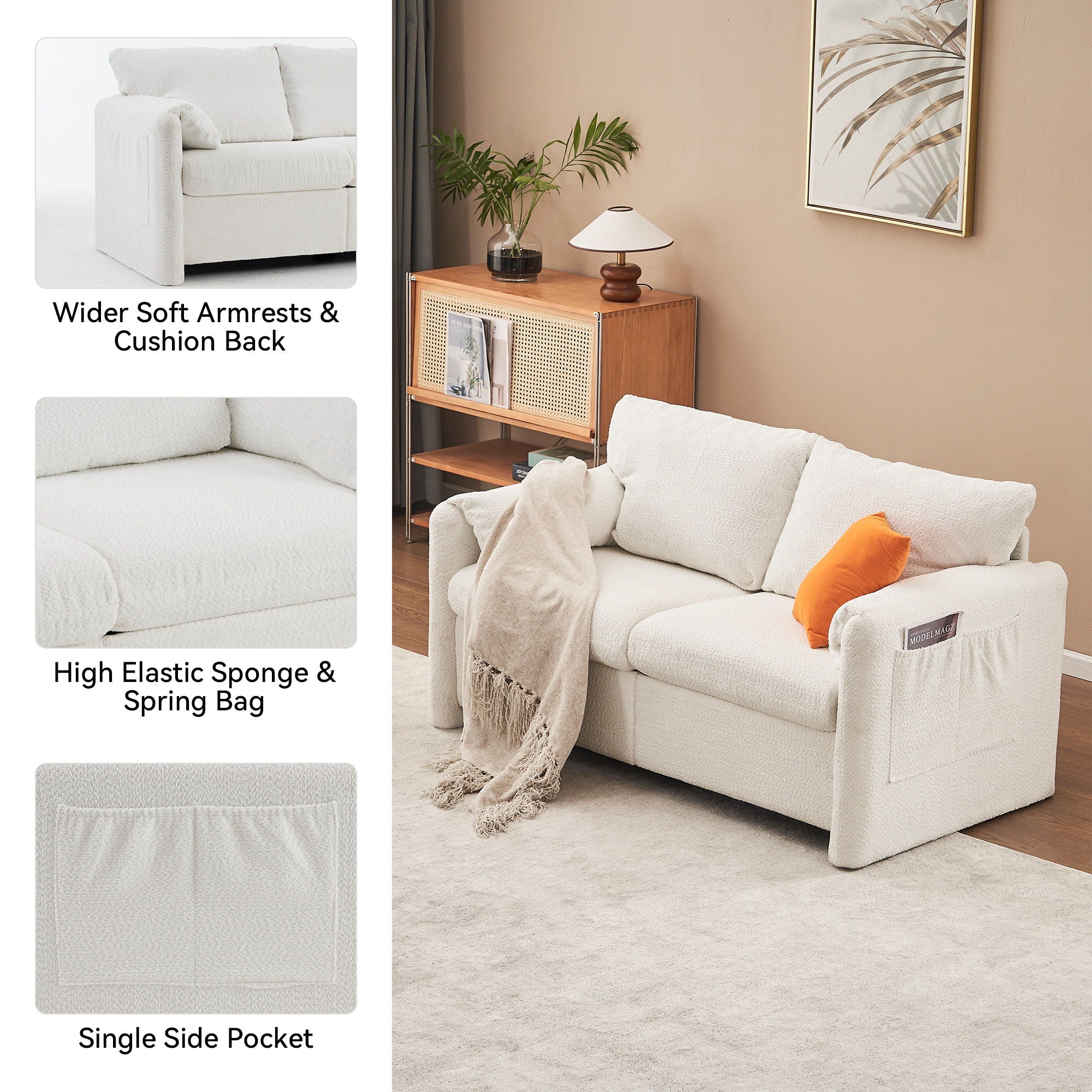 Modern Loveseat Sofa 2 Seater Plush Chenille Fabric Couch With High Density Foam Cushions - Ivory White
