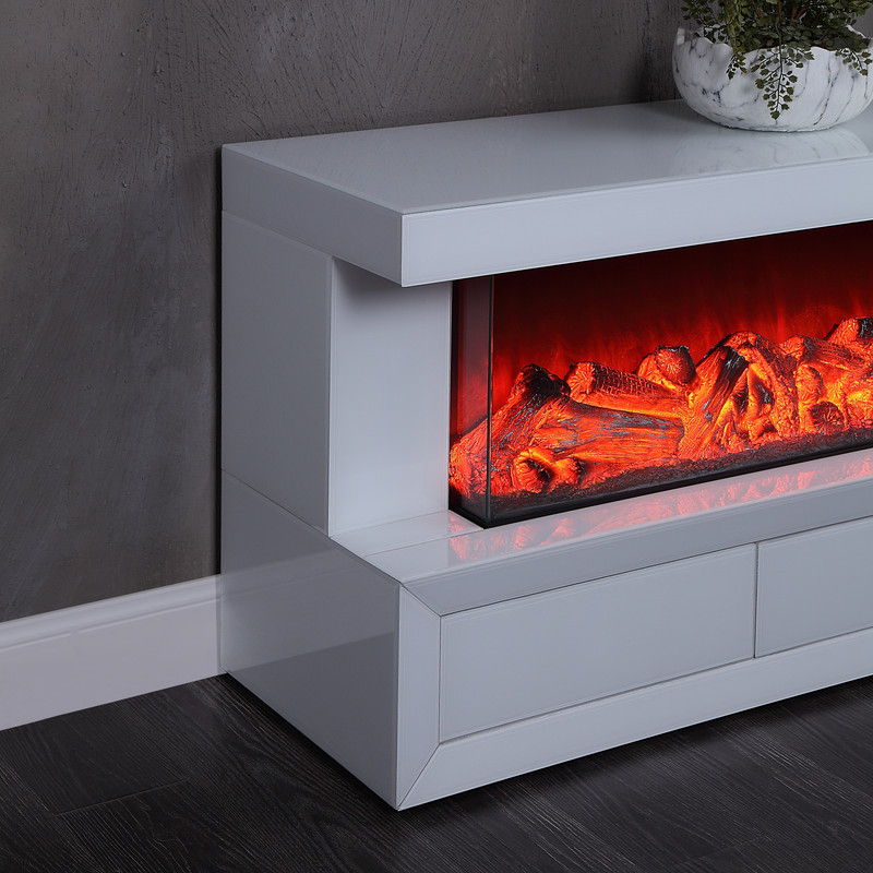 Dorian 71"W White Finish TV Stand with Fireplace and Speaker