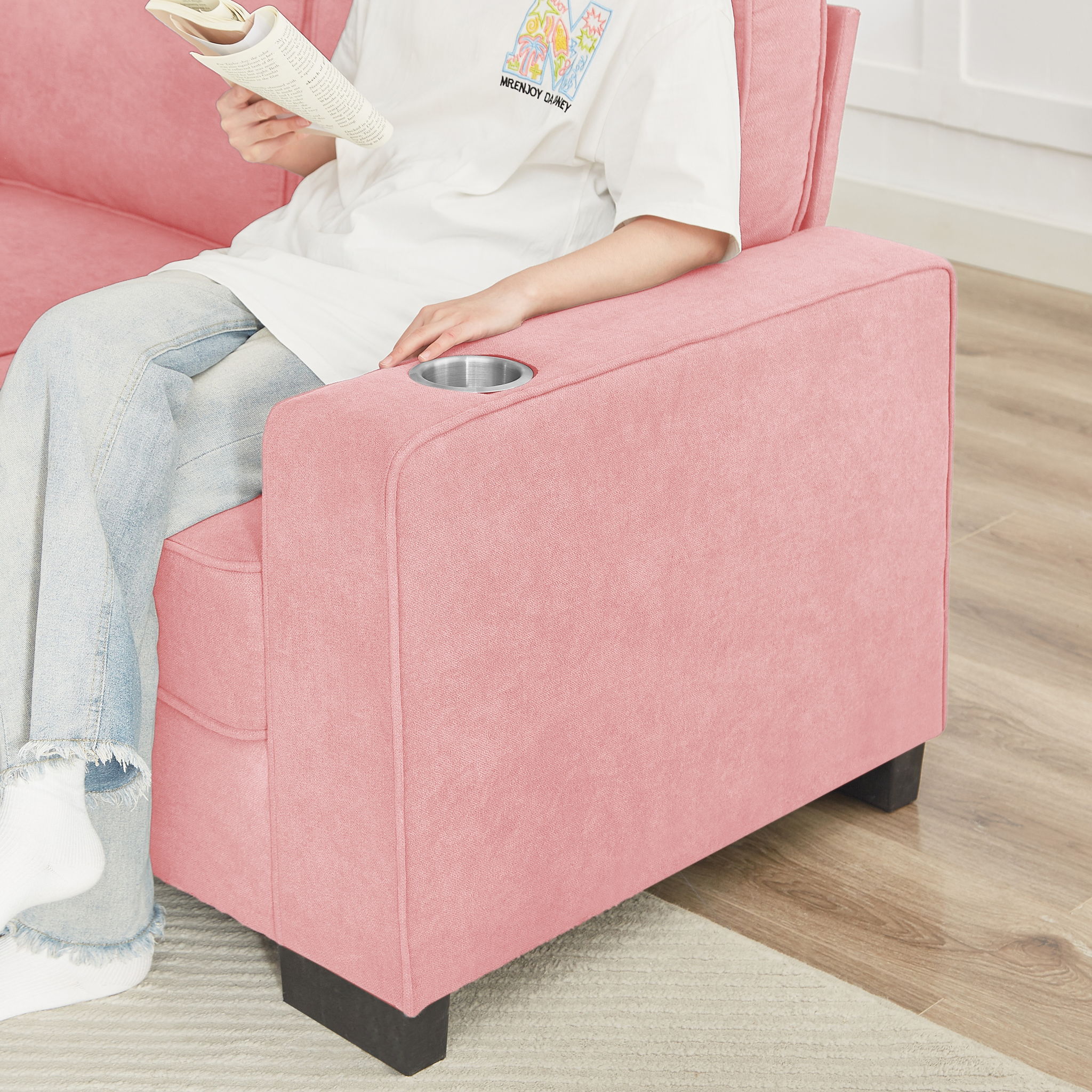 Modern Snowfleece Fabric 3 Seater Sofa With Cup Holder