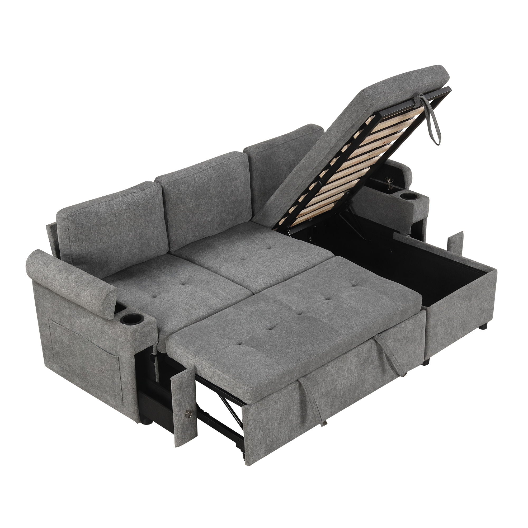 Convertible L Shaped Sofa Couch With Storage, Cup Holders, USB Ports