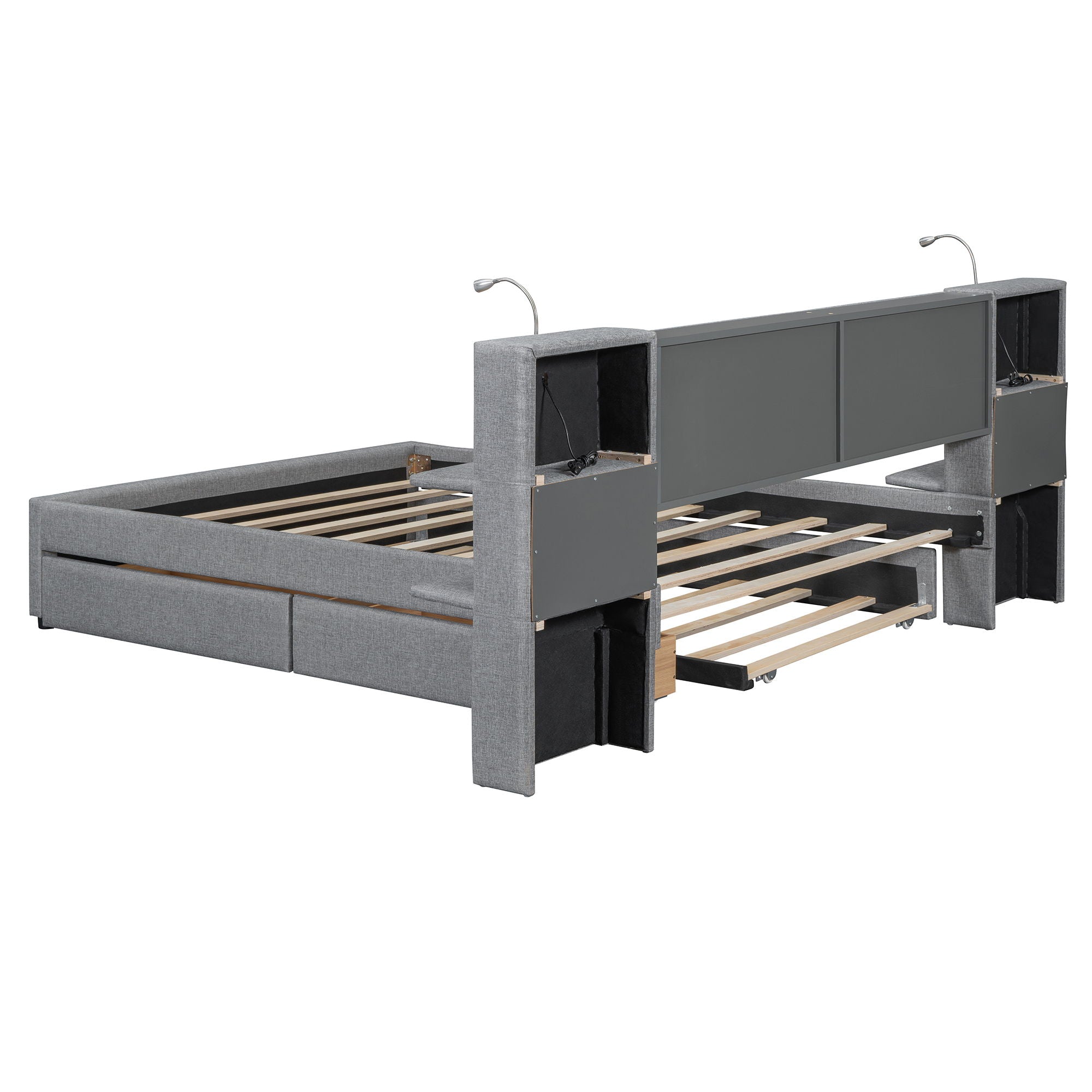 Upholstered Platform Bed With Reading Lights, Drawers, Trundle And Shelves