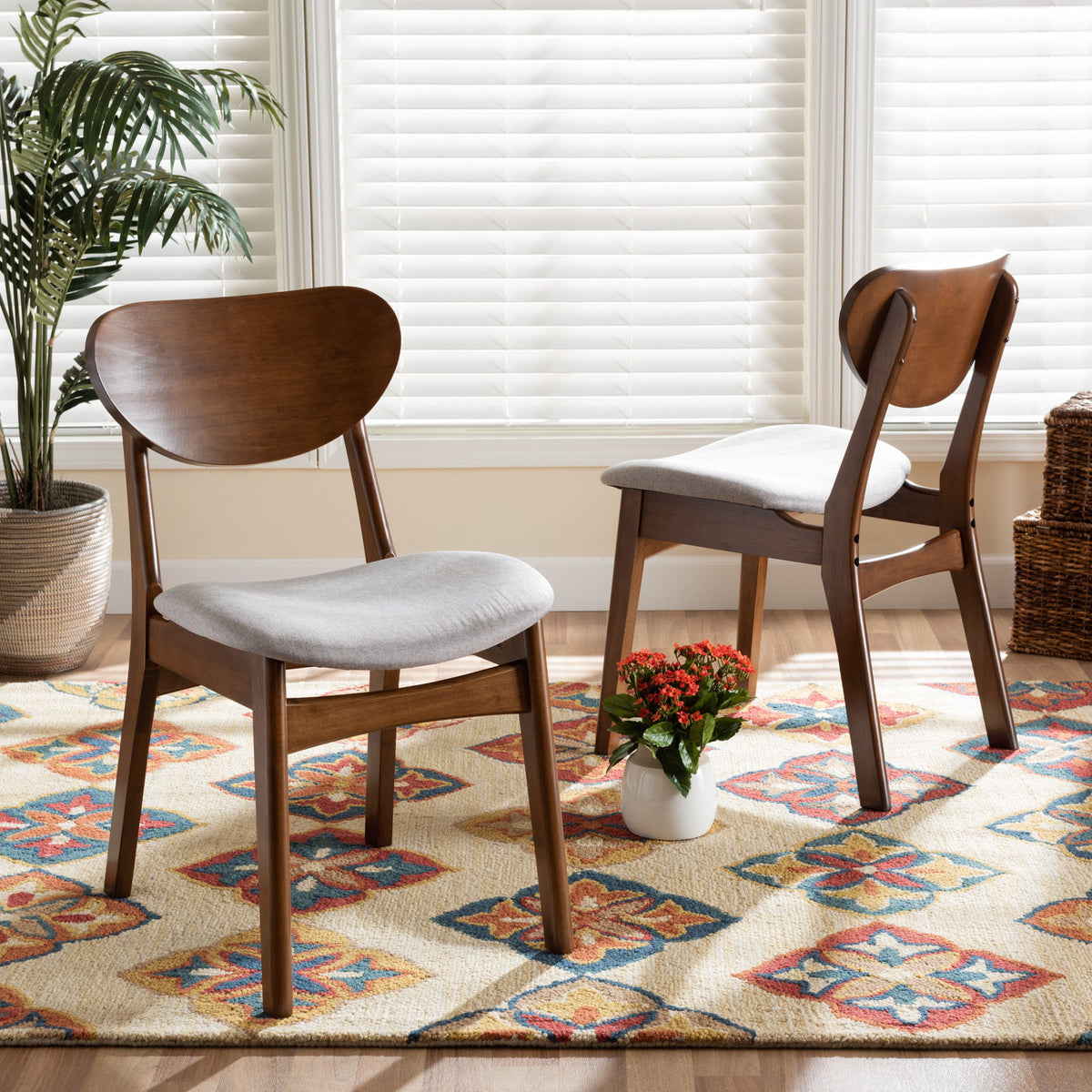 Katya Mid-Century Modern Grey Fabric Upholstered and Walnut Brown Finished Wood 2-Piece Dining Chair Set