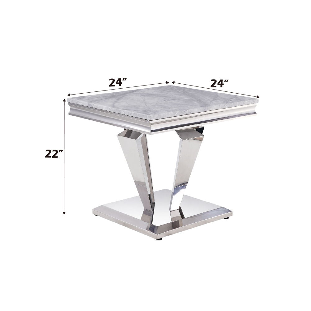 Satinka - End Table - Light Gray Printed Faux Marble Top & Mirrored Silver