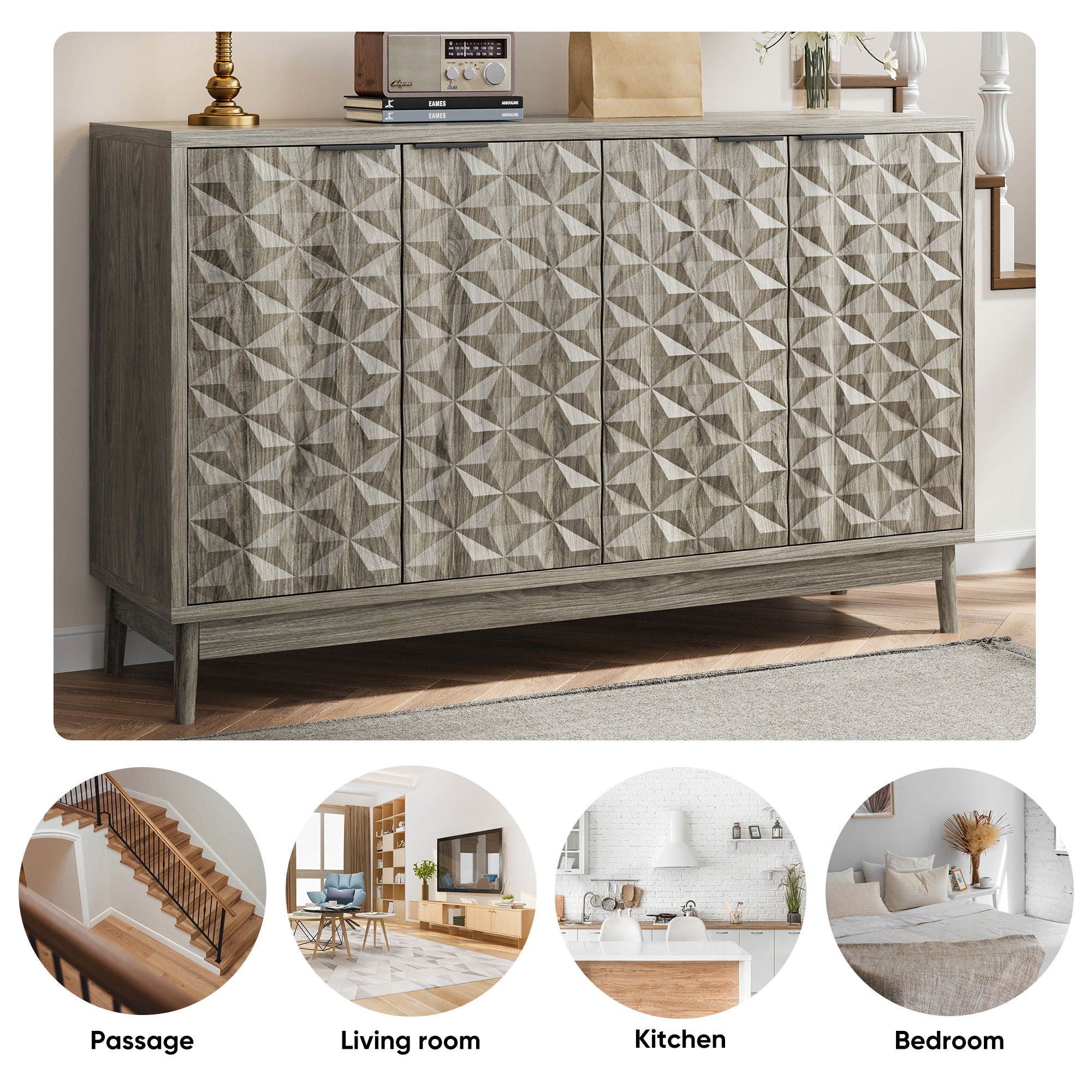 Modern Style Buffet Cabinet, Sideboard Buffet Cabinet With Storage, Storage Cabinet With 4 Diamond Shaped Relief Doors For Living Room, Dining Room, Entryway, Hallway, Kitchen - Gray - Gray
