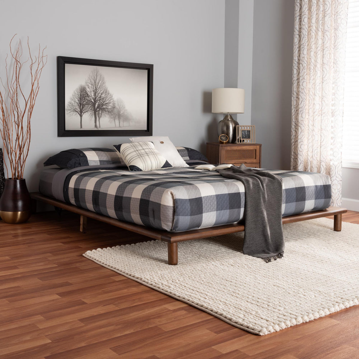 Alivia Mid-Century Modern Walnut Brown Finished Wood King Size Bed Frame
