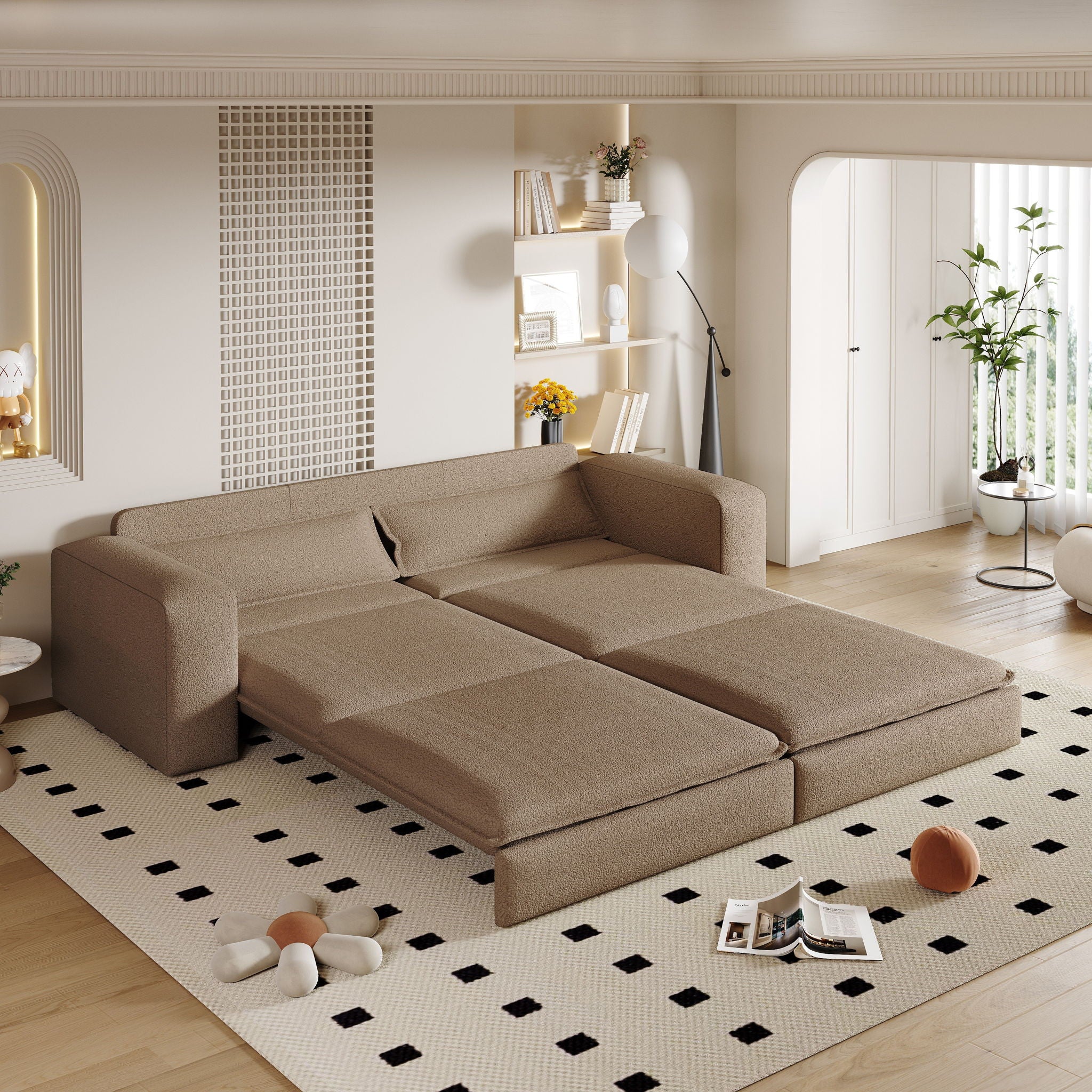 King Size Sleeper Pull Out Sofa Bed, 3 In 1 Convertible Chaise Lounge With 2 Pillows For Living Room - Camel