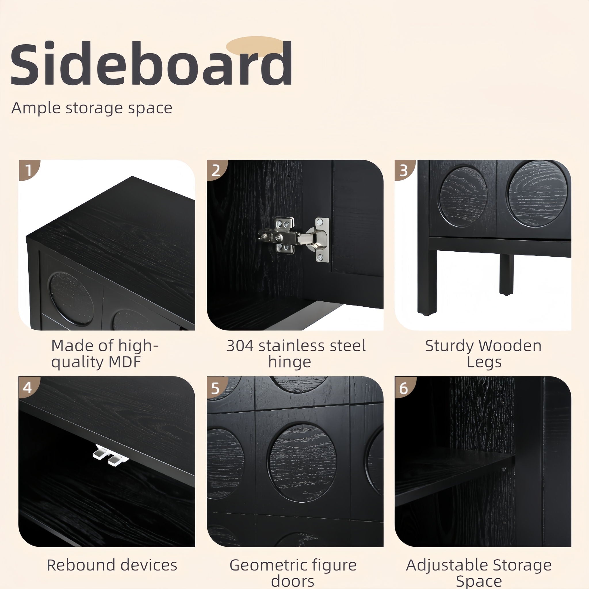 Stylish Storage Cabinet Sideboard With Unique Geometric Circle Door Design - Black