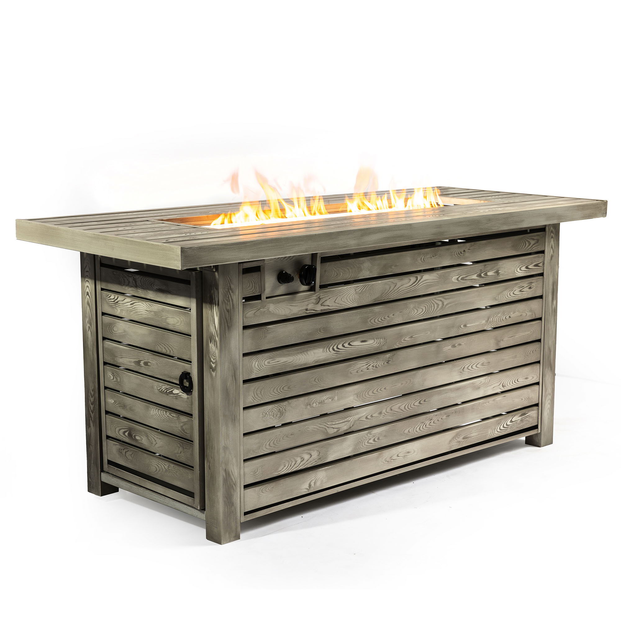 54" Propane Gas Fire Pit Table, 50000 Btu Rectangular Steel Fire Pit With Imitation Wood Grain For Outside Patio Deck Garden Courtyard - Light Beige