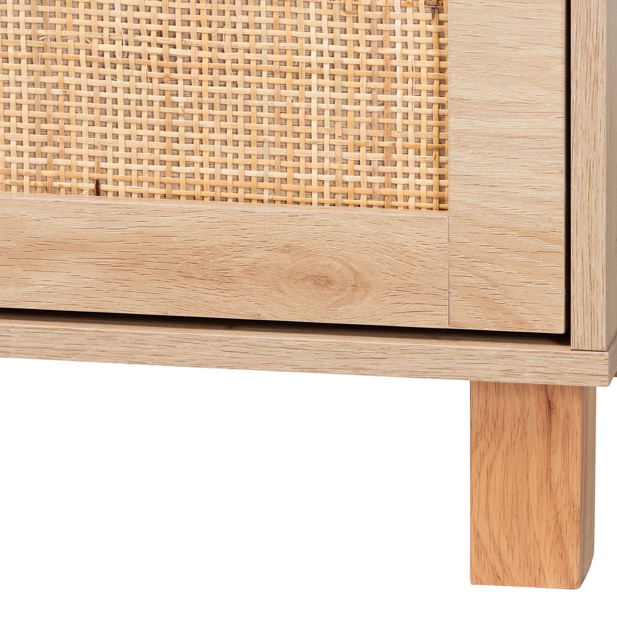 Sebille Mid-Century Modern Light Brown Finished Wood 3-Drawer Storage Cabinet with Natural Rattan