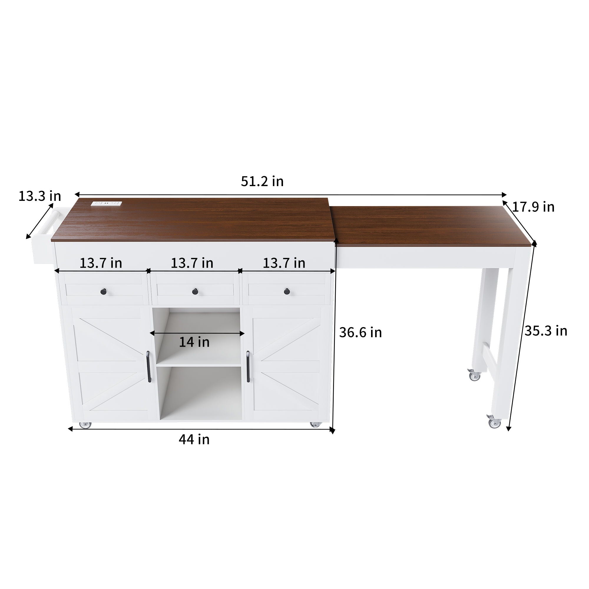 Modern Kitchen Island With Extendable Dining Table & Power Outlet - White