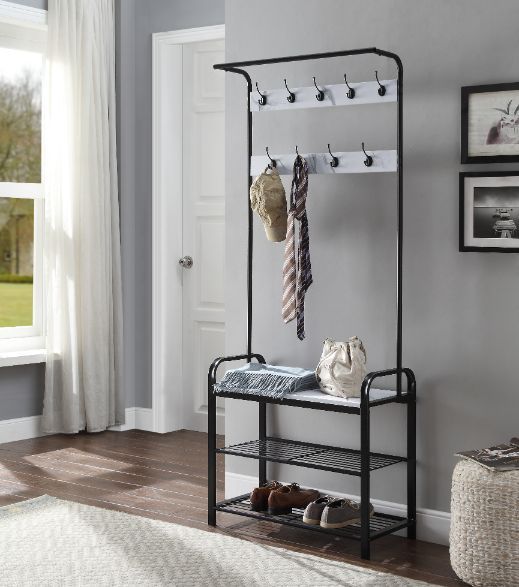 KD• 1 Hanging Rail• 9 Metal Hooks• 2 Tier Mesh Metal Shelf & 1 Tier Wooden Shelf