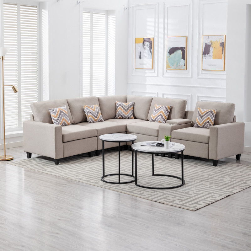 Nolan 106"W Beige Linen Fabric 6Pc Reversible Sectional Sofa with a USB, Charging Ports, Cupholders, Storage Console Table and Pillows and Interchangeable Legs