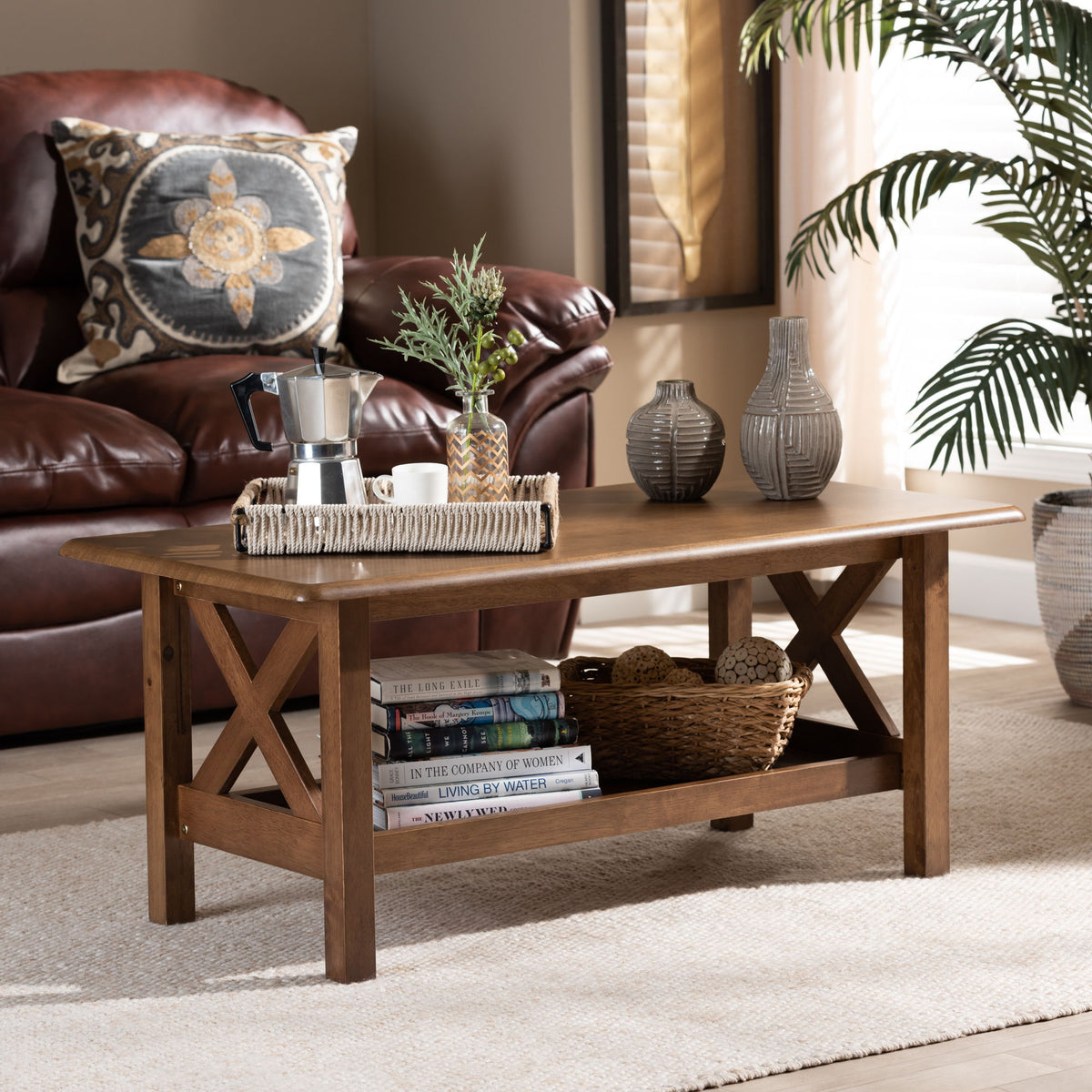 Reese Traditional Transitional Walnut Brown Finished Rectangular Wood Coffee Table