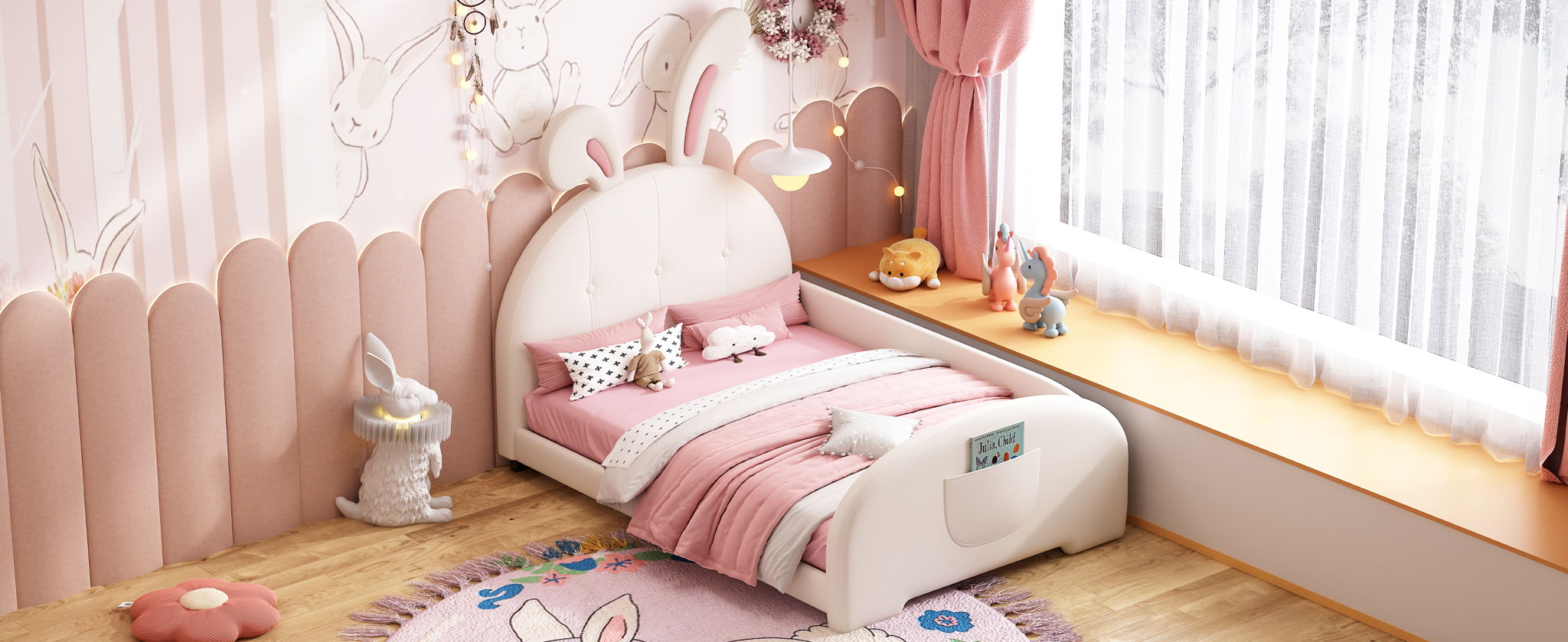 Upholstered Rabbit-Shape Princess Bed With Headboard And Footboard