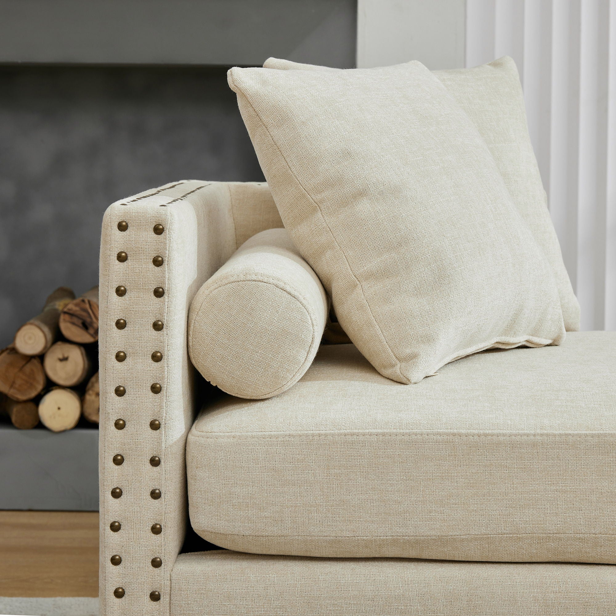 Upholstered Chaise Lounge Indoor With Nailheads, Sleeper Sofa Couch With 4 Throw Pillows & 2 Bolsters, Daybed With Rubberwood Legs