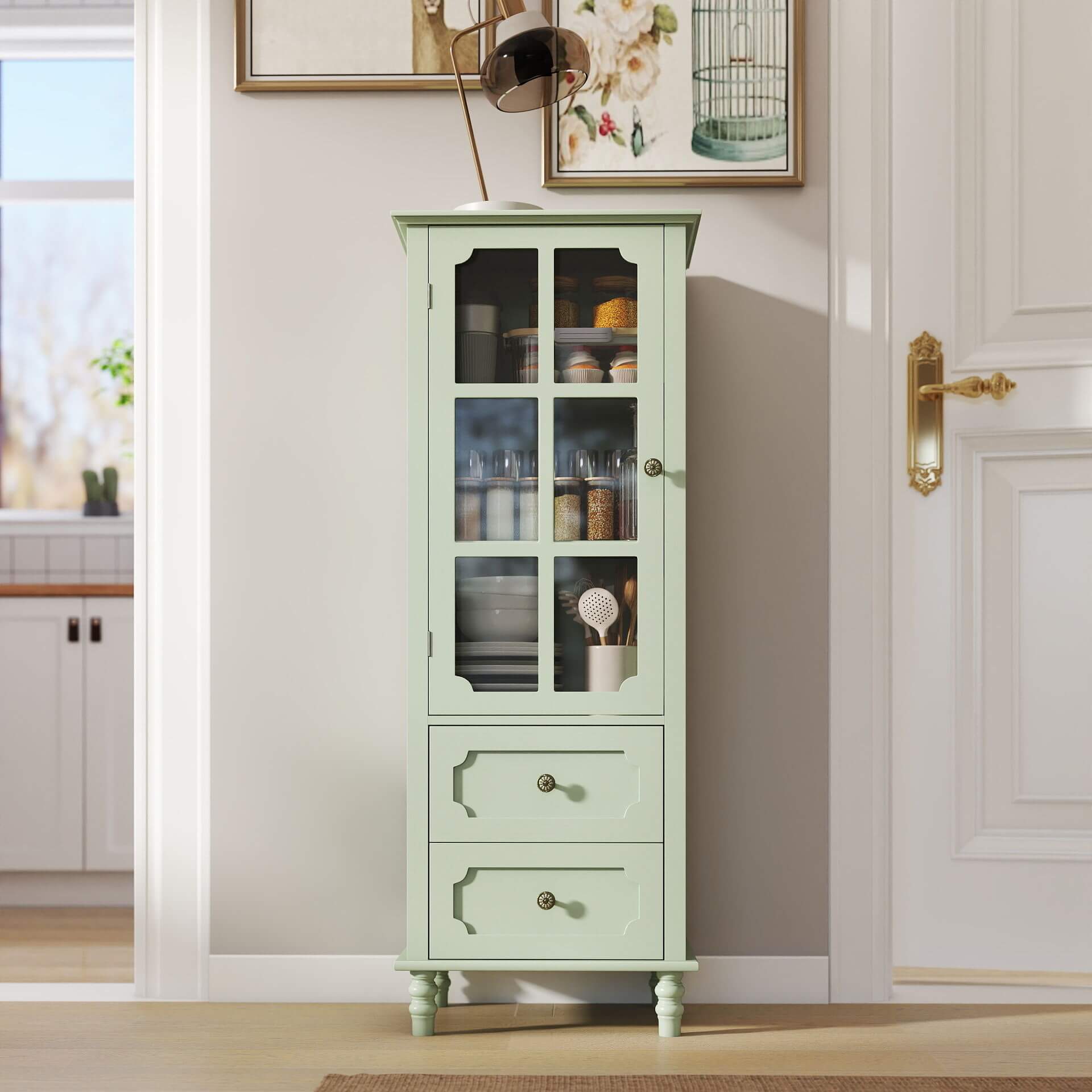 Minimalism Buffet Cabinet With Glass Doors And Double Drawer